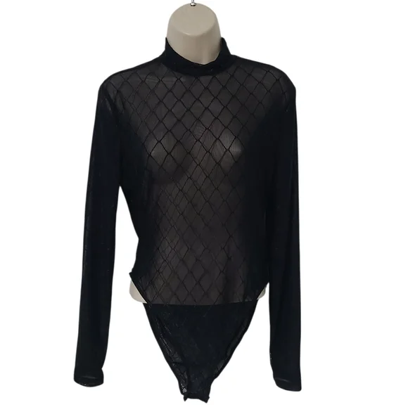 Black Mesh Diamond Pattern Mock Neck Bodysuit - Picture 1 of 4